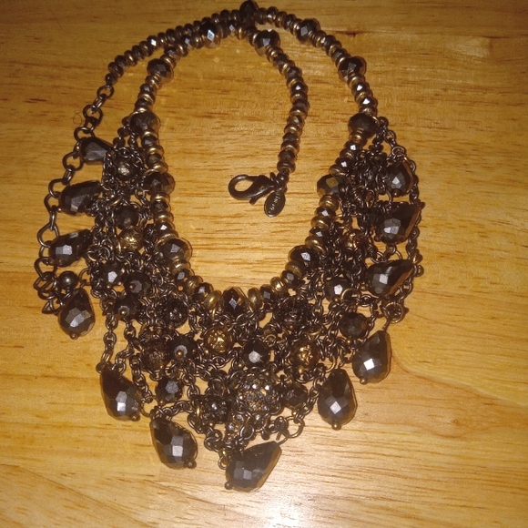Vintage Chico's BoHo Bibb Necklace style Gold silver brown glass mix metals bead - Picture 9 of 16